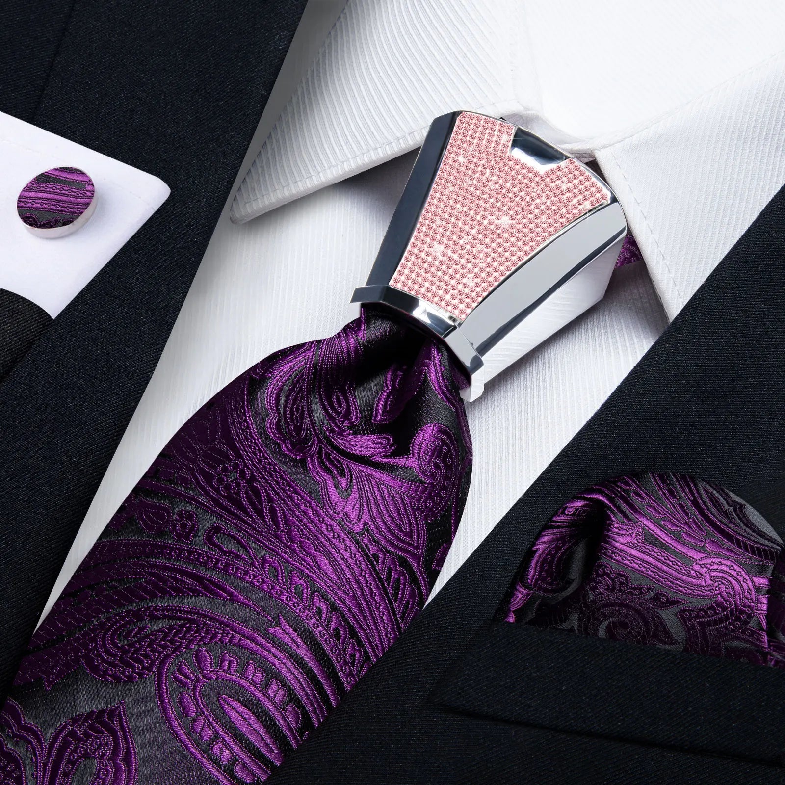 Pink Solid Paisley 8cm Silk Ties for Men with Luxury Plastic Tie Buckle Handkerchief Cufflinks Business Wedding Party Accessory