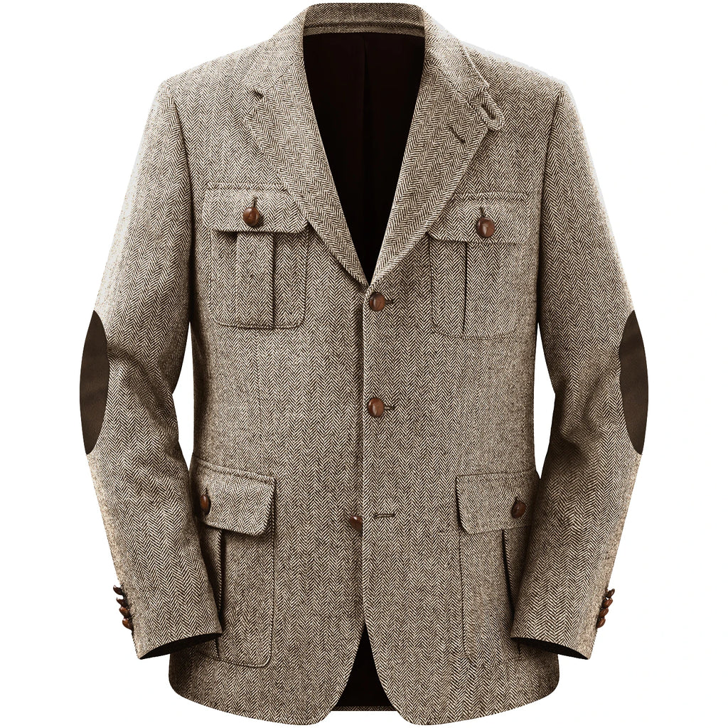 Men's Jackets Multi-pocket Hunting Attire Tweed Double-Breasted  Blazer Herringbone Casual Elegant Retro New Style Man Suit