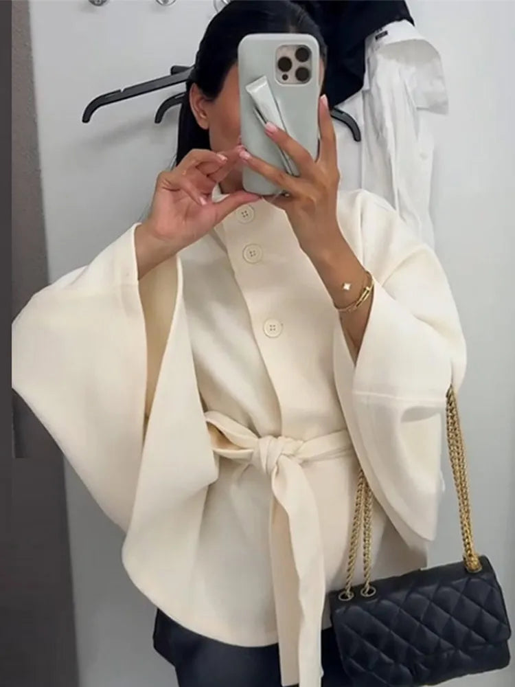 Womens Short Cape Coats For Women Belt Faux Wool Blends Coats Autumn Winter Solid Coats Elegant Cloak Jacket Ladies 2025