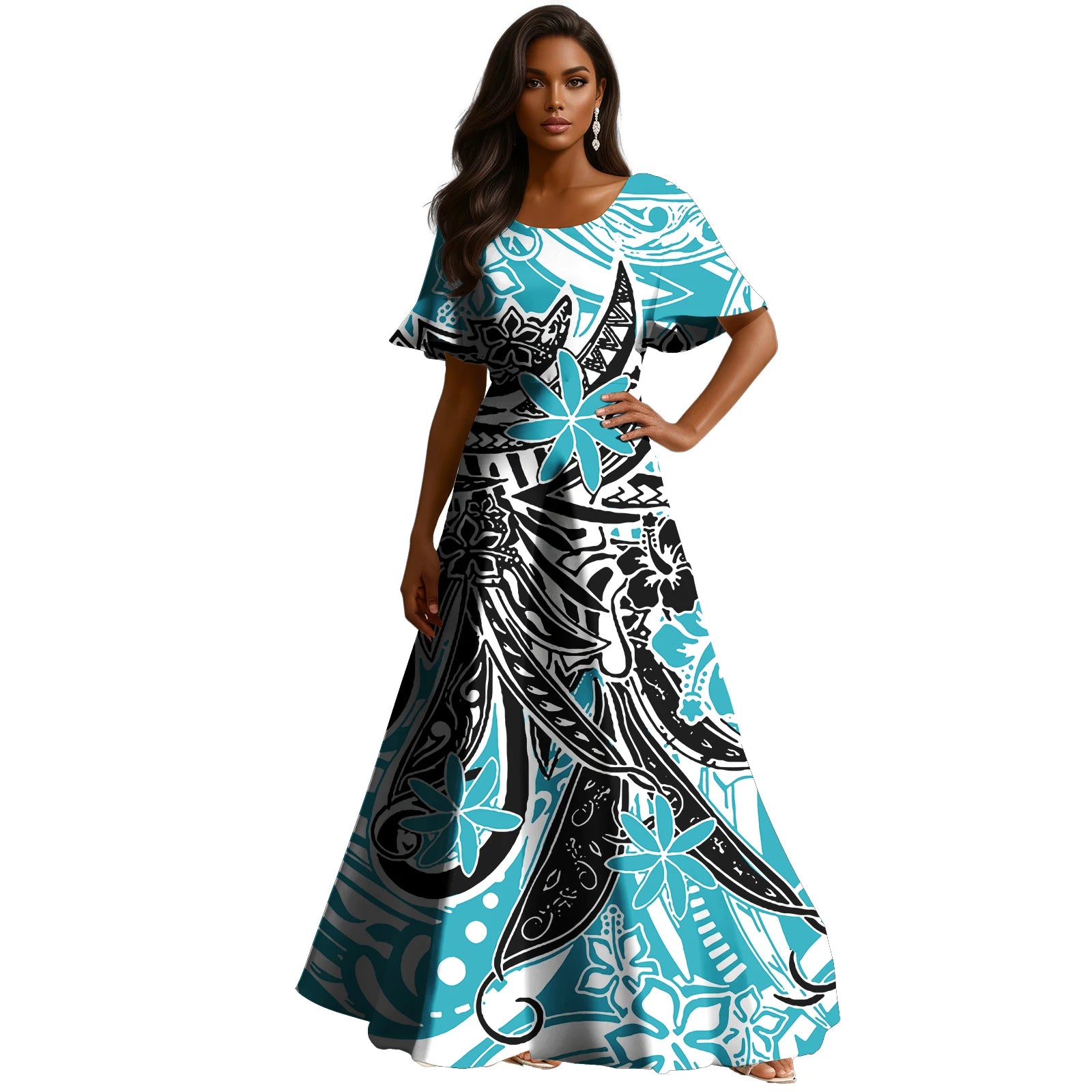 Abito ampio personalizzabile in stile polinesiano con stampa Tapa , a trapezio , lungo fino al pavimento