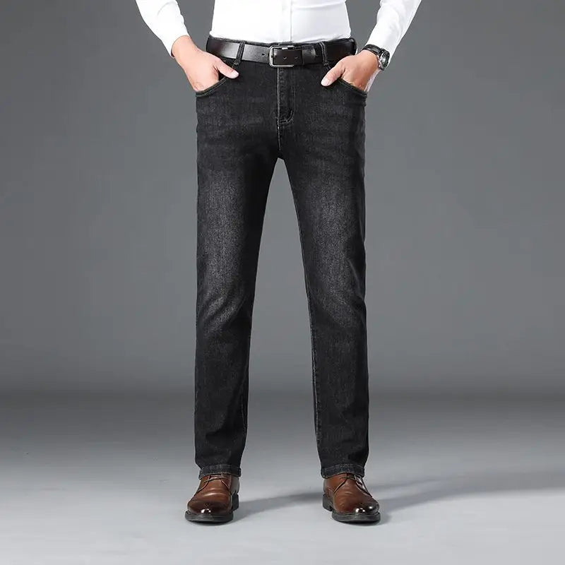 Thick Men's Business Jeans for Autumn and Winter Mid-high-waisted, Stretch, Slim Straight Loose and Casual Men's Trousers Pants