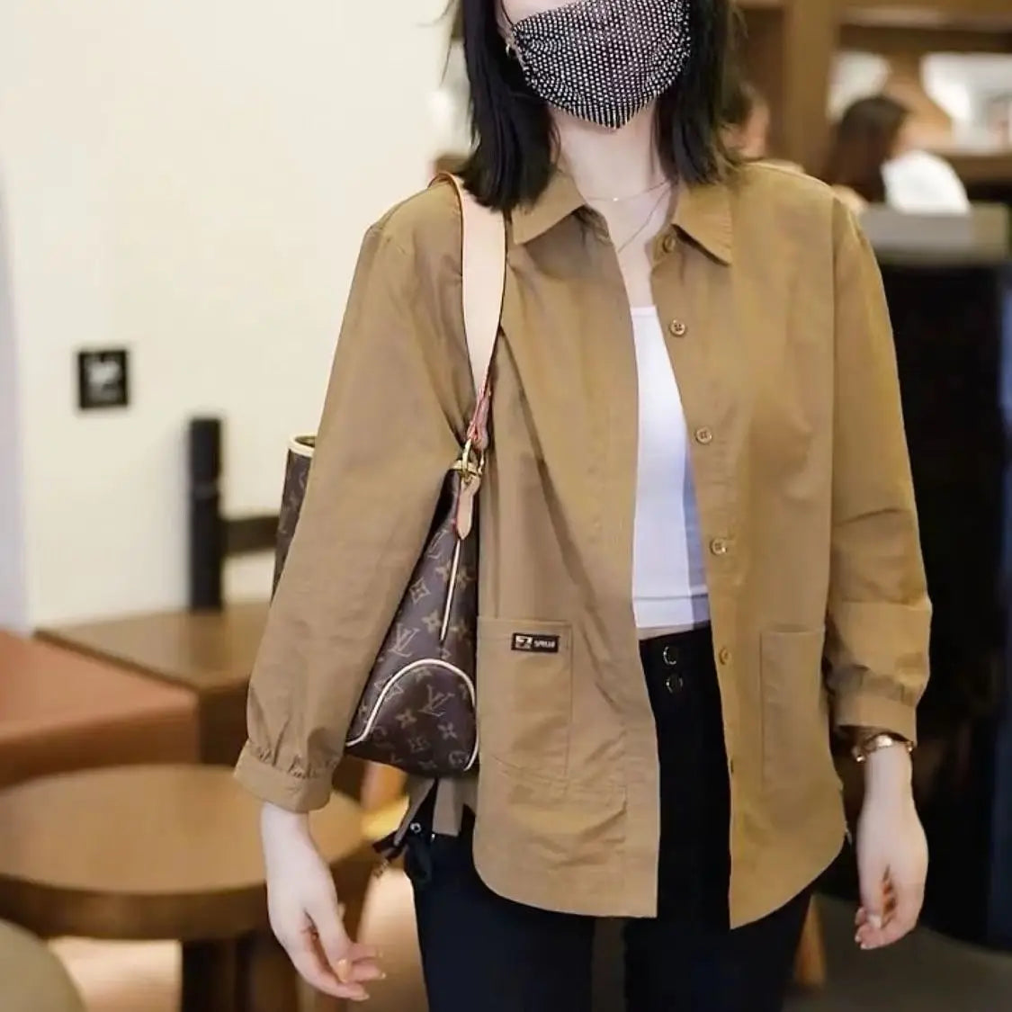 Spring Autumn Simplicity Solid Color Thin Turn-down Collar Cardigan Loose Blouses Pockets Button Coat Casual Women's Clothing