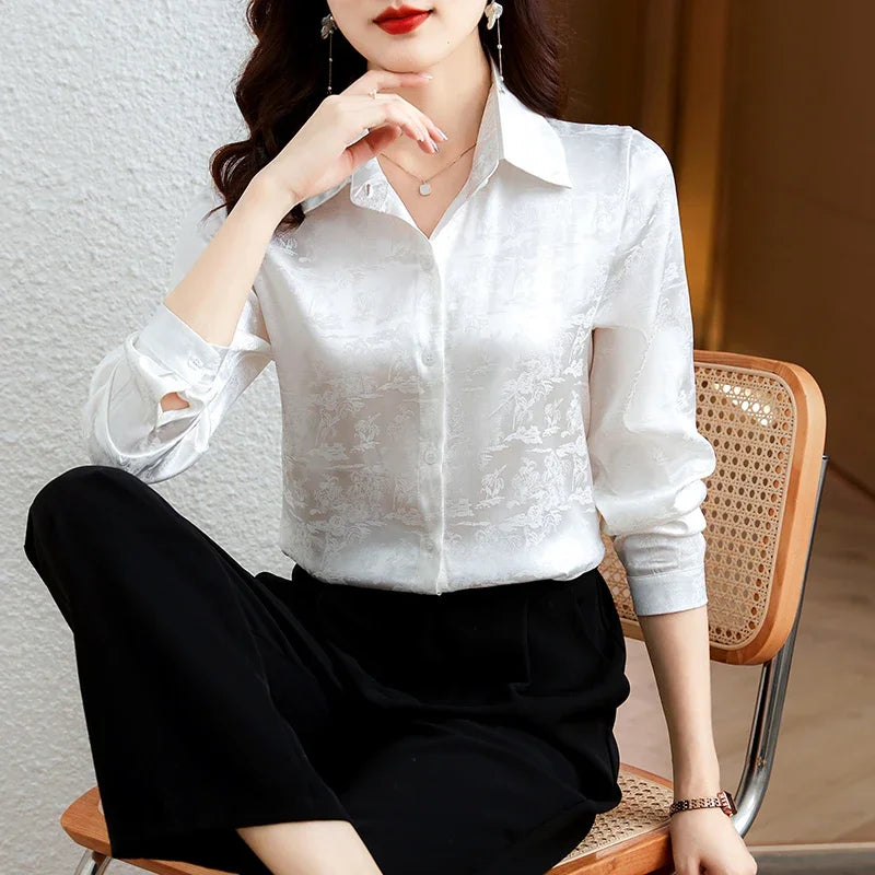 Autumn Fashion Polo-Neck Women Tops Satin Elegant Slim Women Blouse New OL Embroidered Women's Clothing Loose Long Sleeve Shirt