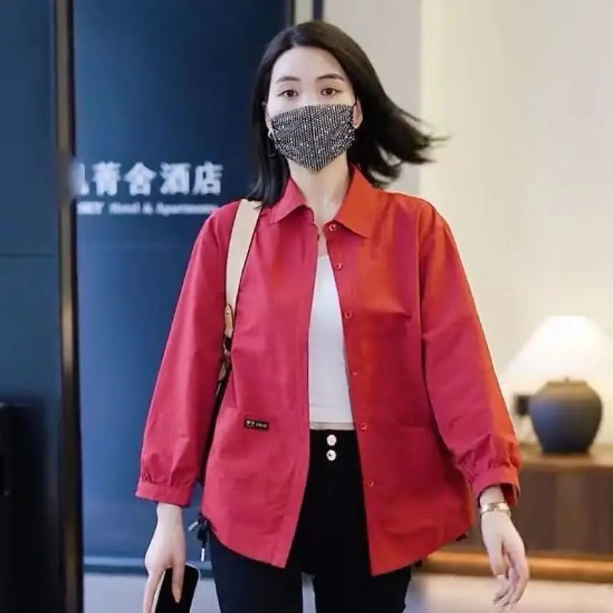 Spring Autumn Simplicity Solid Color Thin Turn-down Collar Cardigan Loose Blouses Pockets Button Coat Casual Women's Clothing