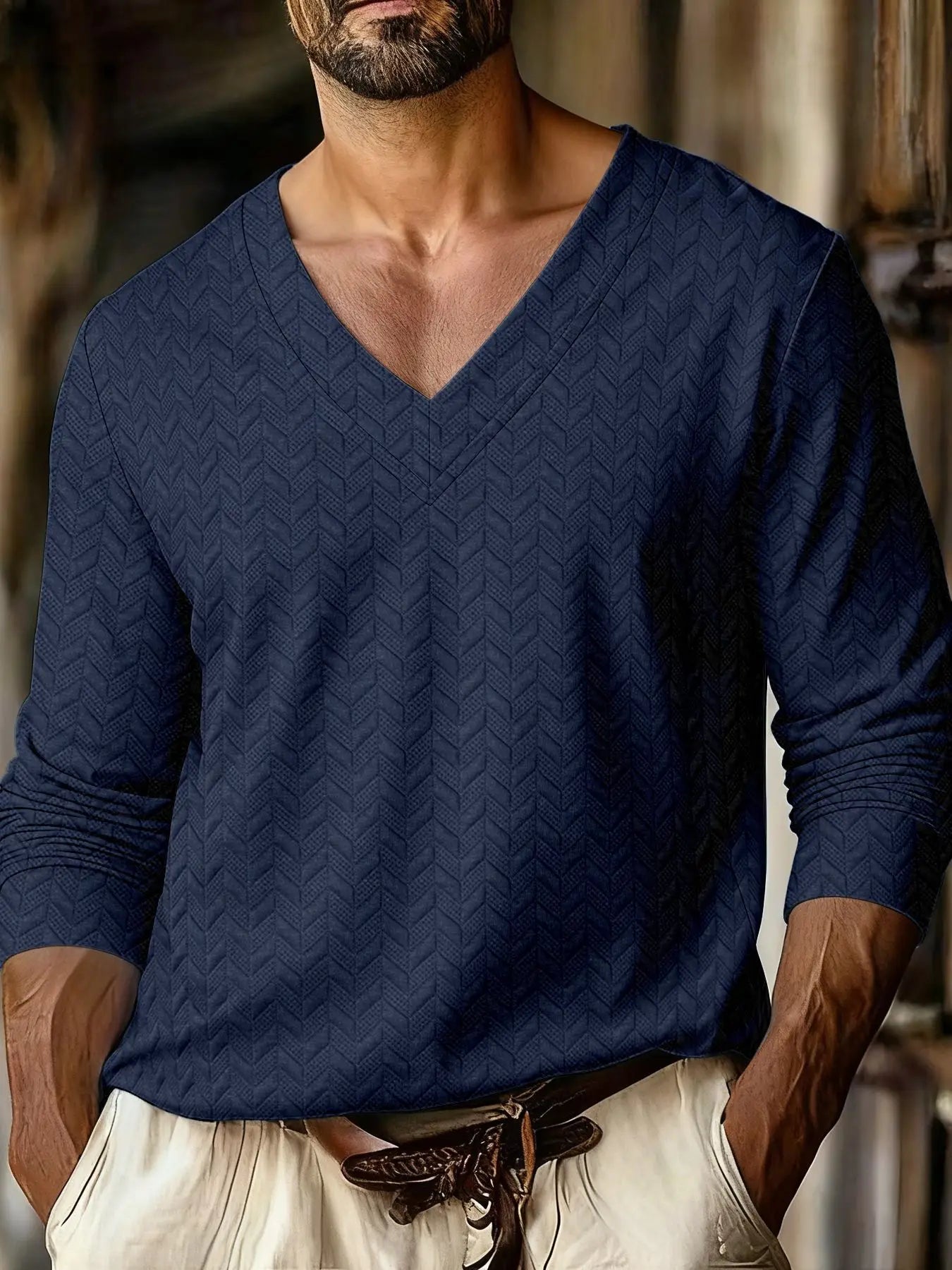 Autumn New Men's Plaid Pattern Jacquard Fabric V-neck Casual Sports Off-shoulder Sleeve Long-sleeved T-shirt