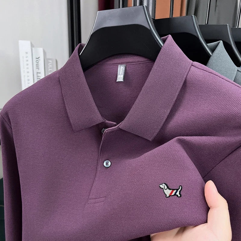 100%pure cotton autumn winter men's embroidered long sleeved business casual comfortable breathable polo shirt high-end designer