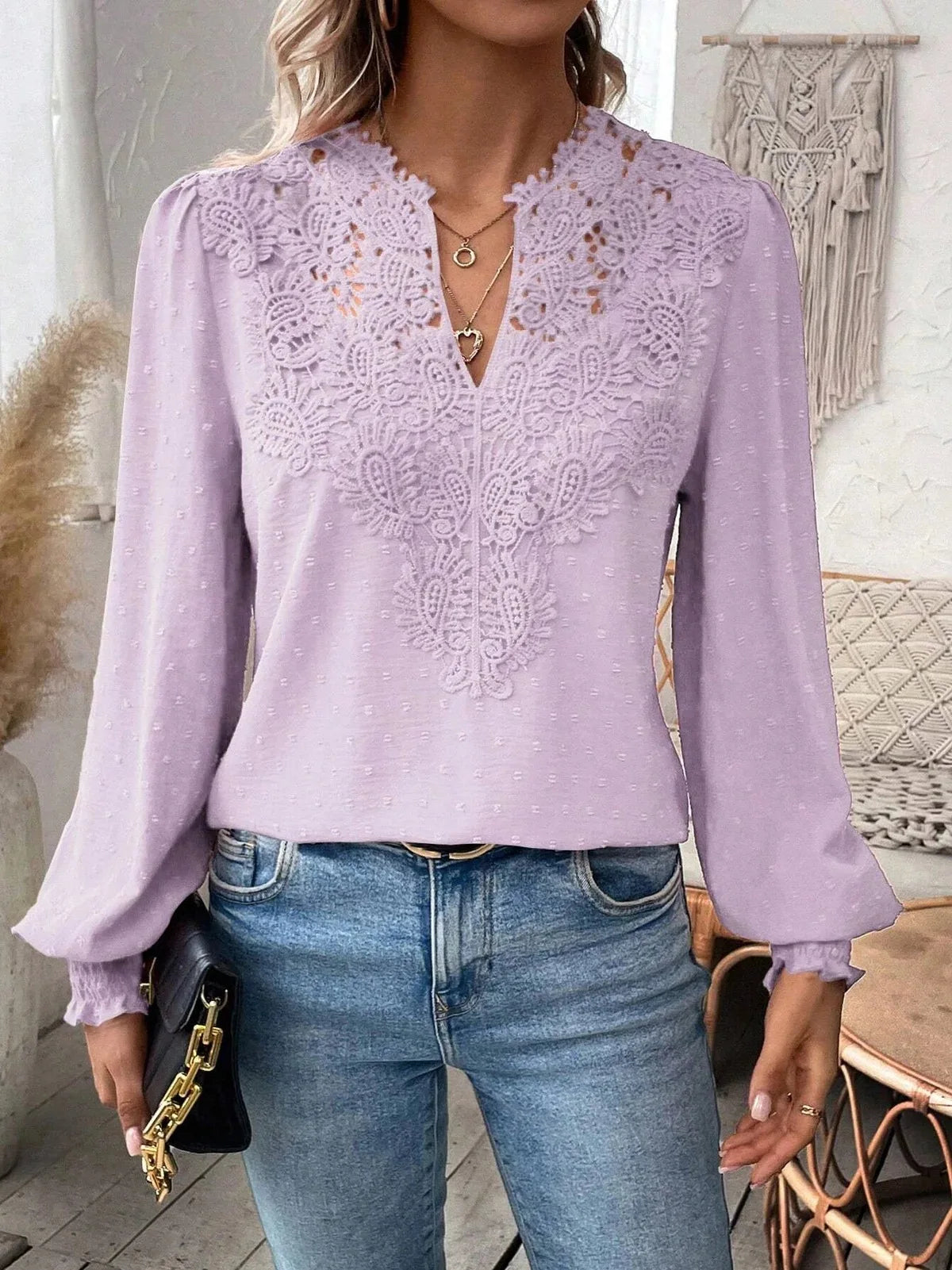 Autumn Women's Clothing New Sexy V-neck Fashion Lace Patchwork Solid Color Shirt Long Sleeved Casual Shirt Women's Clothing