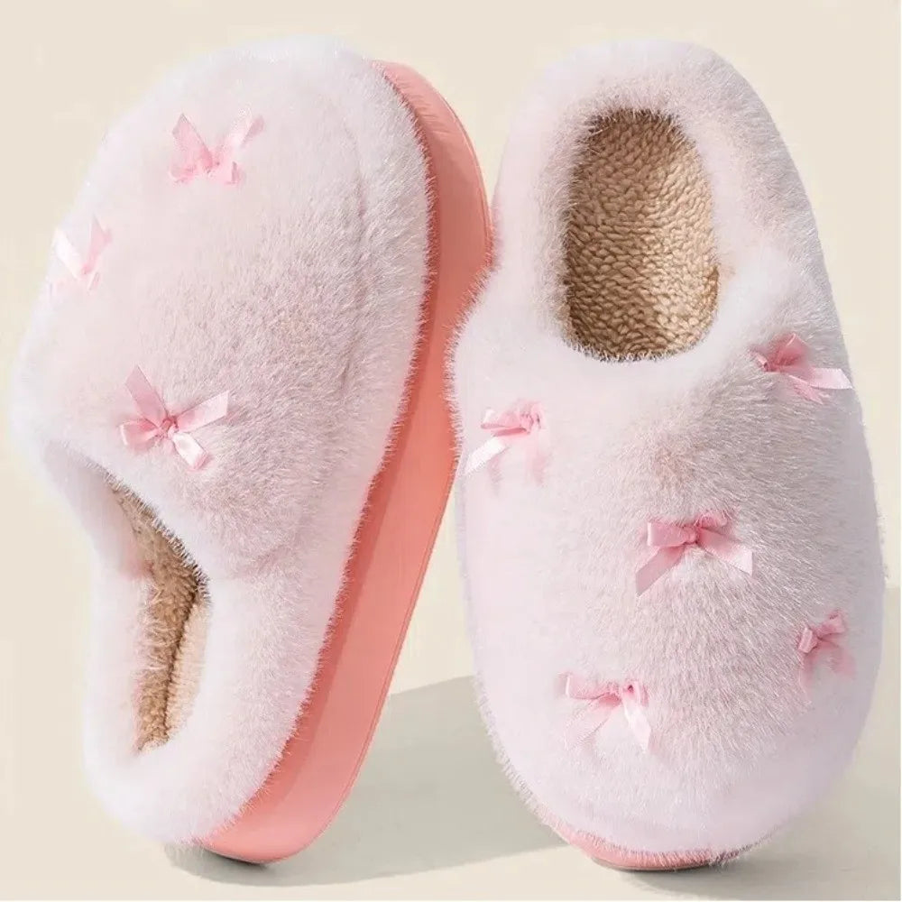 Fashion Bow knot House Slippers Warm Fleece with Lining Women's Indoor Shoes Non-slip Thickened Indoor Fluffy Slippers Winter