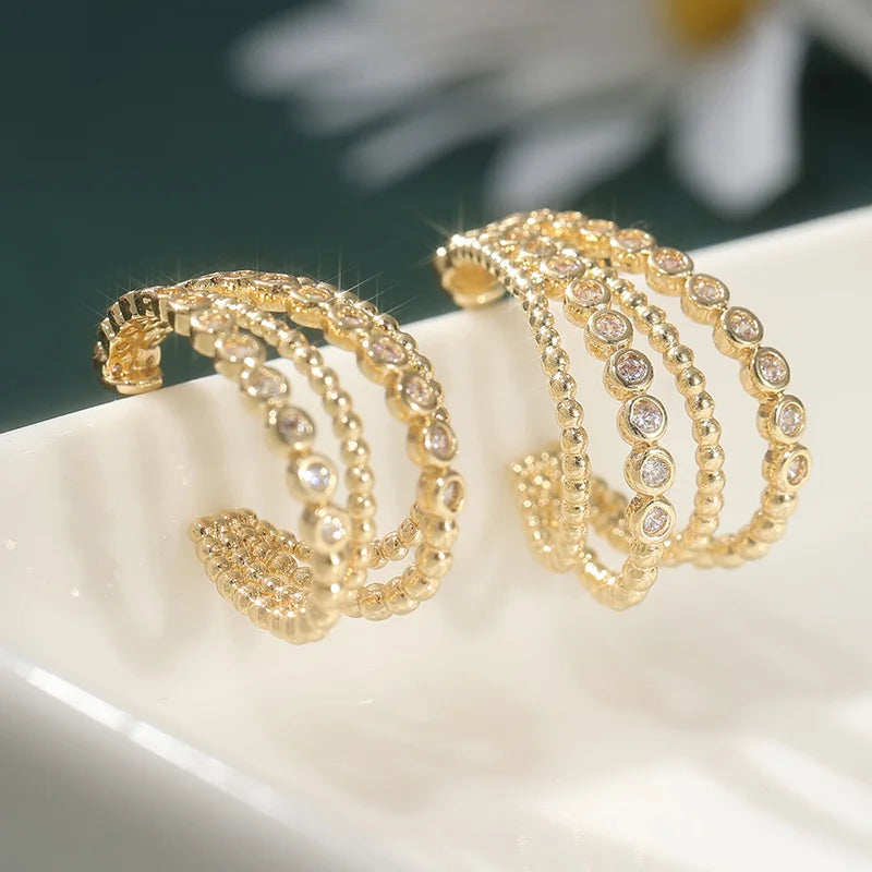 Fashion Classic Synthetic Zirconia Design Women Multilayer Hoop Earrings Golden Plated Banquet Wedding Jewelry Accessories Gifts
