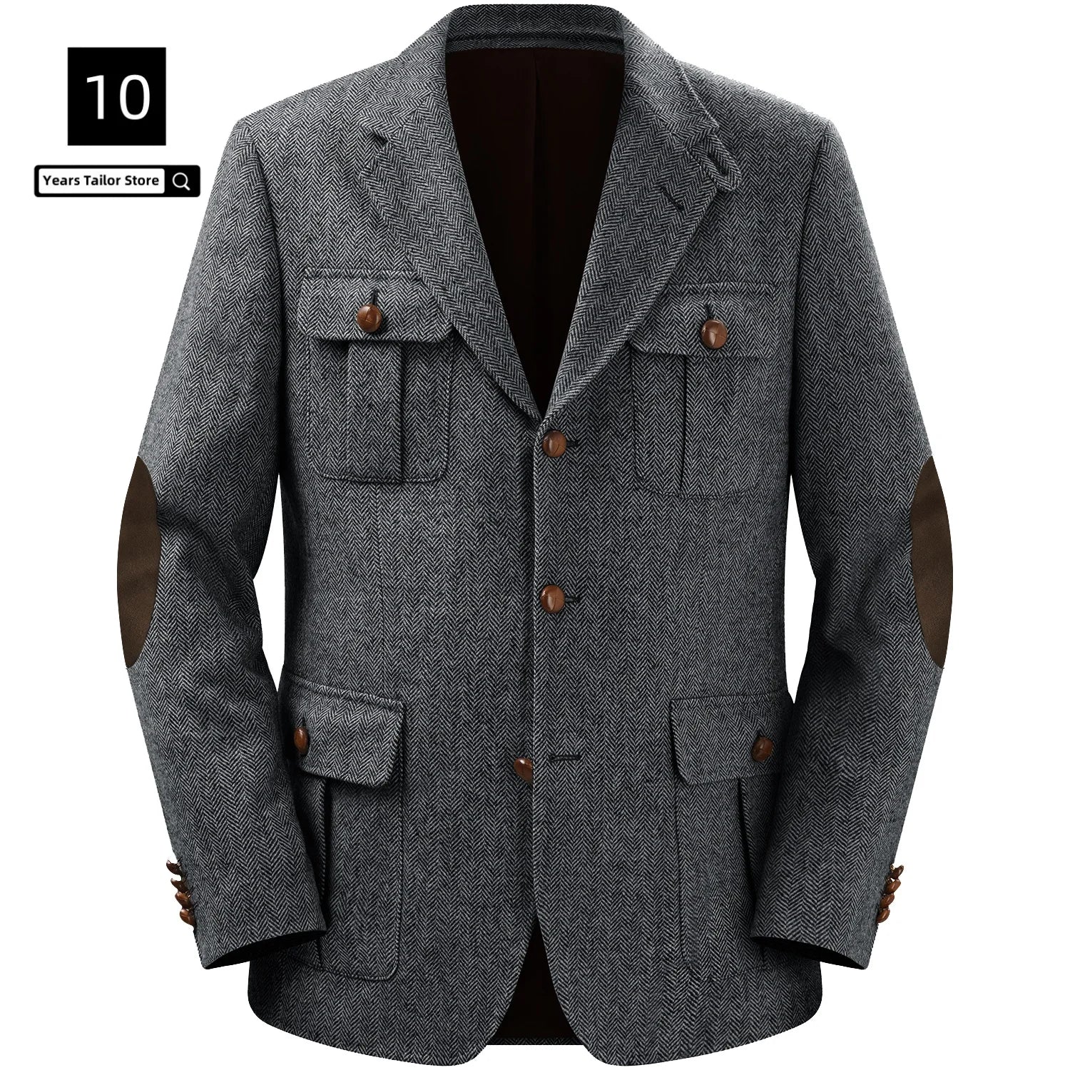 Men's Jackets Multi-pocket Hunting Attire Tweed Double-Breasted  Blazer Herringbone Casual Elegant Retro New Style Man Suit