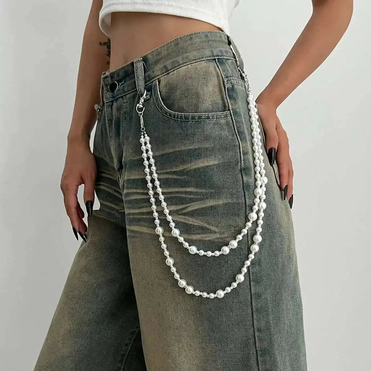 Salircon Hip Hop Multilayer Imitation Pearl Charm Jeans Pants Chain Women Punk Waist Chain Fashion Wallet Chain Belt Jewelry
