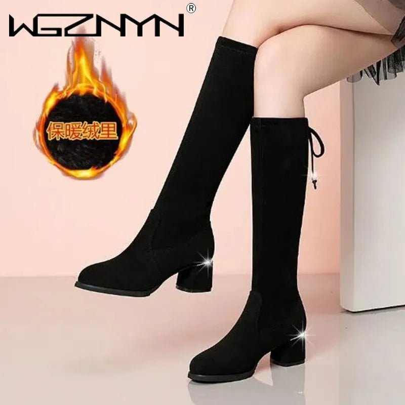 Women Autumn Winter Black Knee Boots 2025 New Comfort Lace Up Chunky High Heels Shoes Fashion Warm Suede Round Toe Botas Mujer
