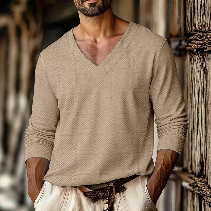 Autumn New Men's Plaid Pattern Jacquard Fabric V-neck Casual Sports Off-shoulder Sleeve Long-sleeved T-shirt