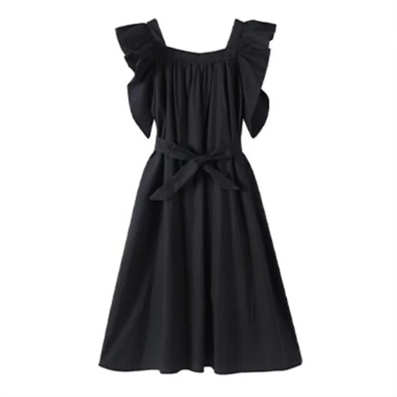 Nuovo abito estivo vintage a trapezio in cotone e lino con volant e colletto quadrato