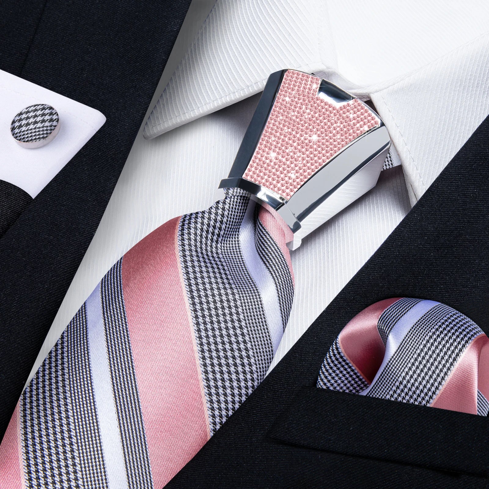 Pink Solid Paisley 8cm Silk Ties for Men with Luxury Plastic Tie Buckle Handkerchief Cufflinks Business Wedding Party Accessory