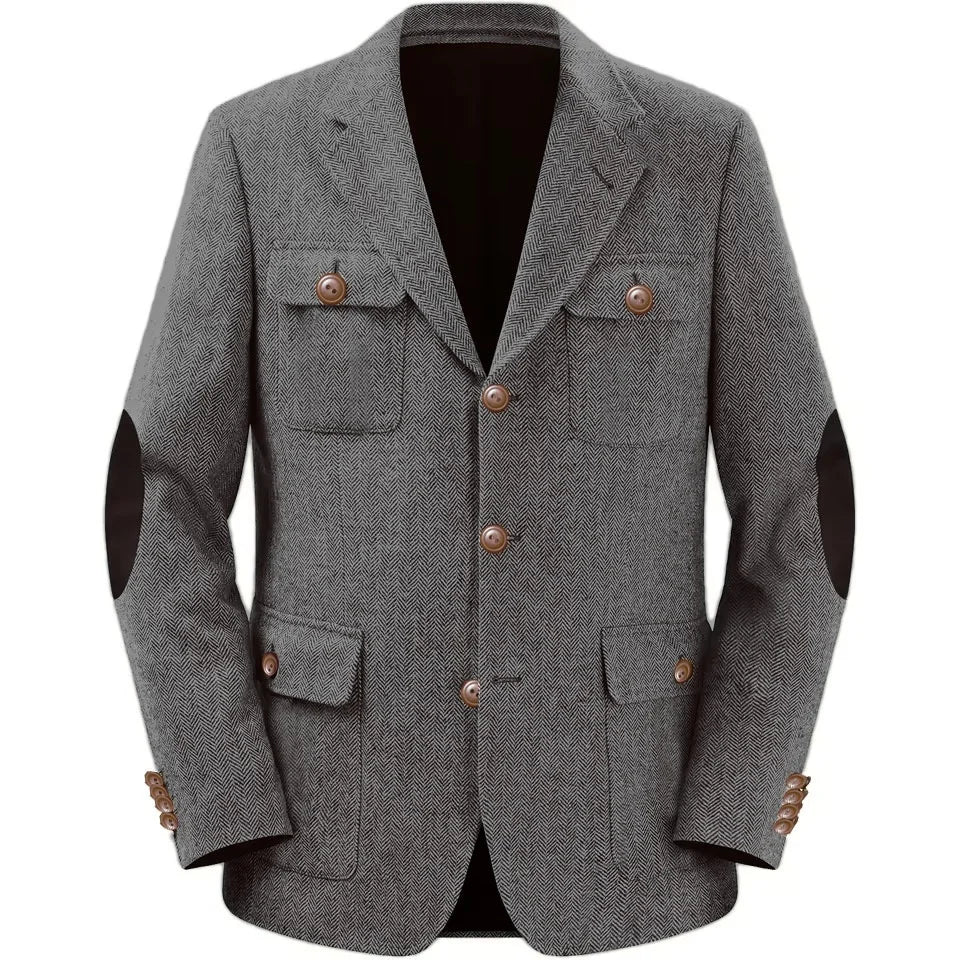 Men's Jackets Multi-pocket Hunting Attire Tweed Double-Breasted  Blazer Herringbone Casual Elegant Retro New Style Man Suit