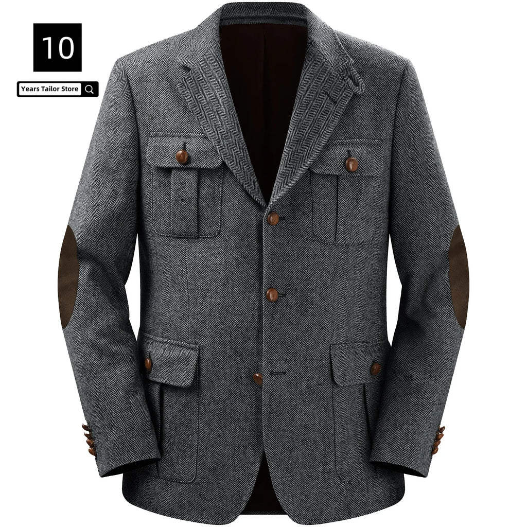 Men's Jackets Multi-pocket Hunting Attire Tweed Double-Breasted  Blazer Herringbone Casual Elegant Retro New Style Man Suit