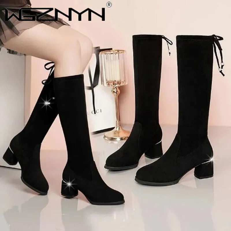 Women Autumn Winter Black Knee Boots 2025 New Comfort Lace Up Chunky High Heels Shoes Fashion Warm Suede Round Toe Botas Mujer