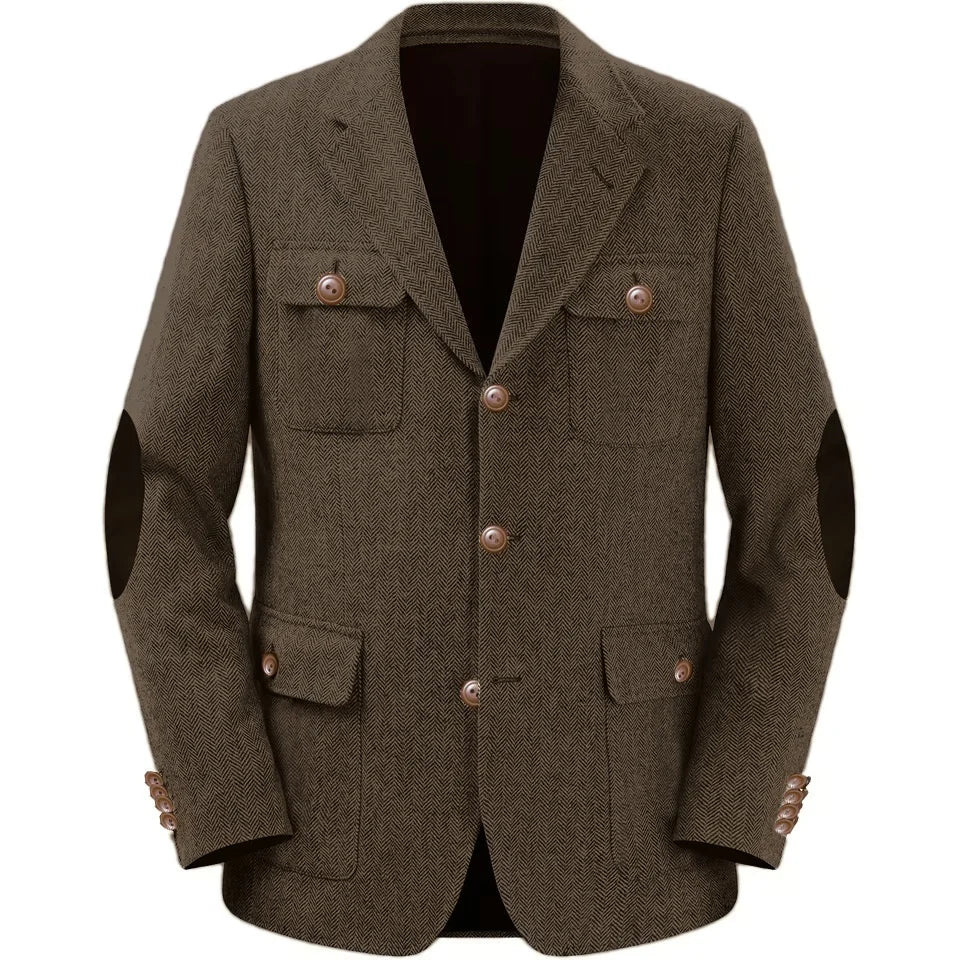 Men's Jackets Multi-pocket Hunting Attire Tweed Double-Breasted  Blazer Herringbone Casual Elegant Retro New Style Man Suit