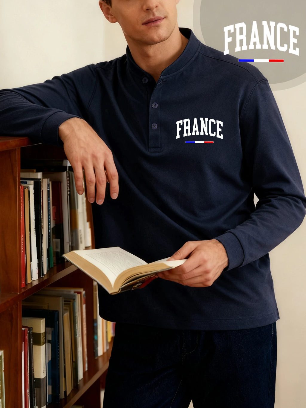 France Letter Creativity Prints Henley Shirts Men Henery Neck Basic Clothing Street Classic T Shirt Casual Bottoming Long Sleeve