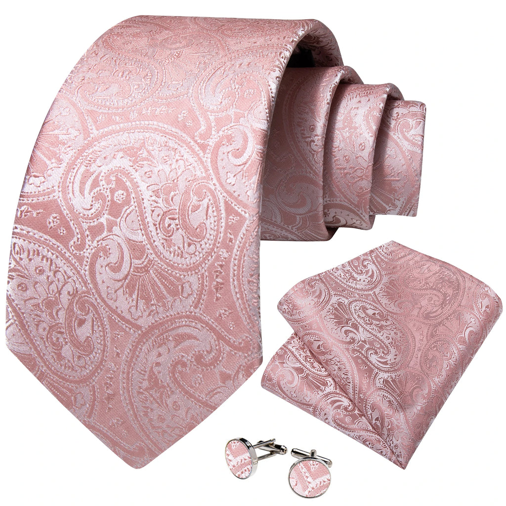 Pink Solid Paisley 8cm Silk Ties for Men with Luxury Plastic Tie Buckle Handkerchief Cufflinks Business Wedding Party Accessory
