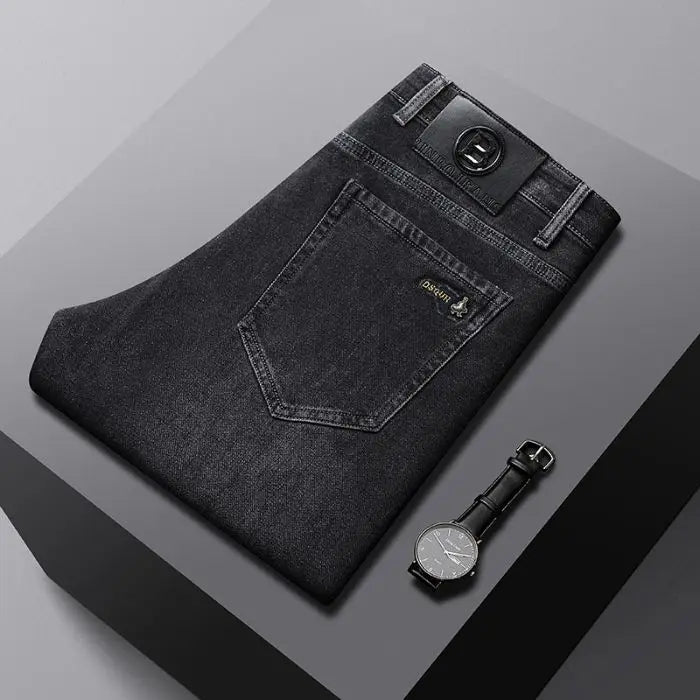 Thick Men's Business Jeans for Autumn and Winter Mid-high-waisted, Stretch, Slim Straight Loose and Casual Men's Trousers Pants