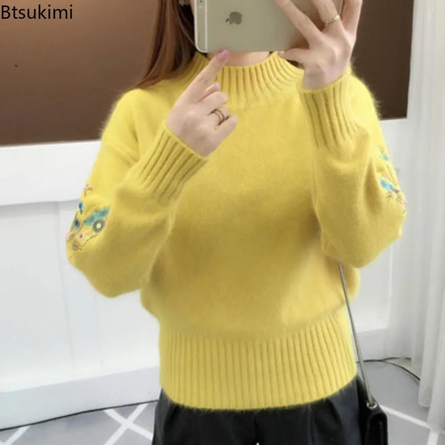 Women's Autumn Winter Embroidered Sleeves with Long Sleeves Knit Pullover Women Clothing Vintage Half High Collar Loose Sweaters