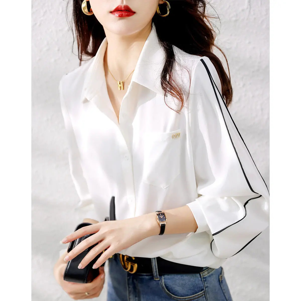 Fashion Lapel Button Spliced Pockets All-match Shirt Women Clothing 2022 Autumn New Loose Casual Tops Office Lady Blouse