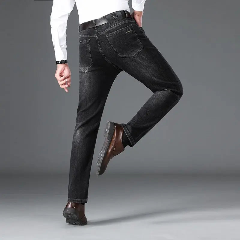 Thick Men's Business Jeans for Autumn and Winter Mid-high-waisted, Stretch, Slim Straight Loose and Casual Men's Trousers Pants