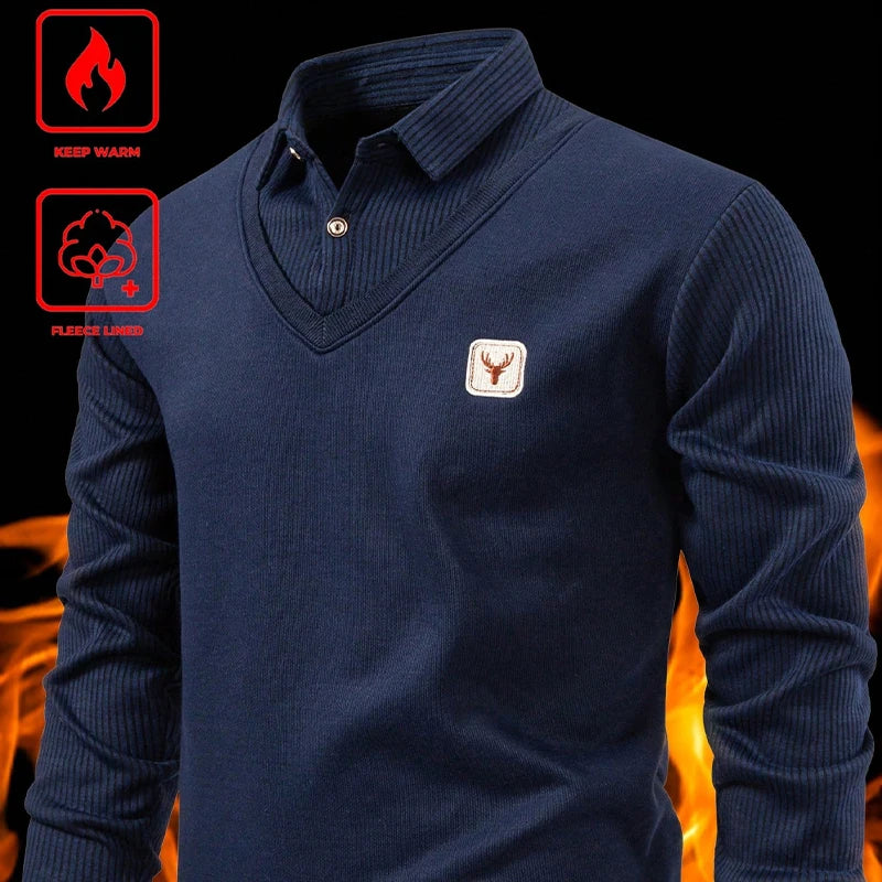 American European Style Mens Sweater Shirt Collar Fleece Lined Knitwear Polo Neck Pullover Sweaters