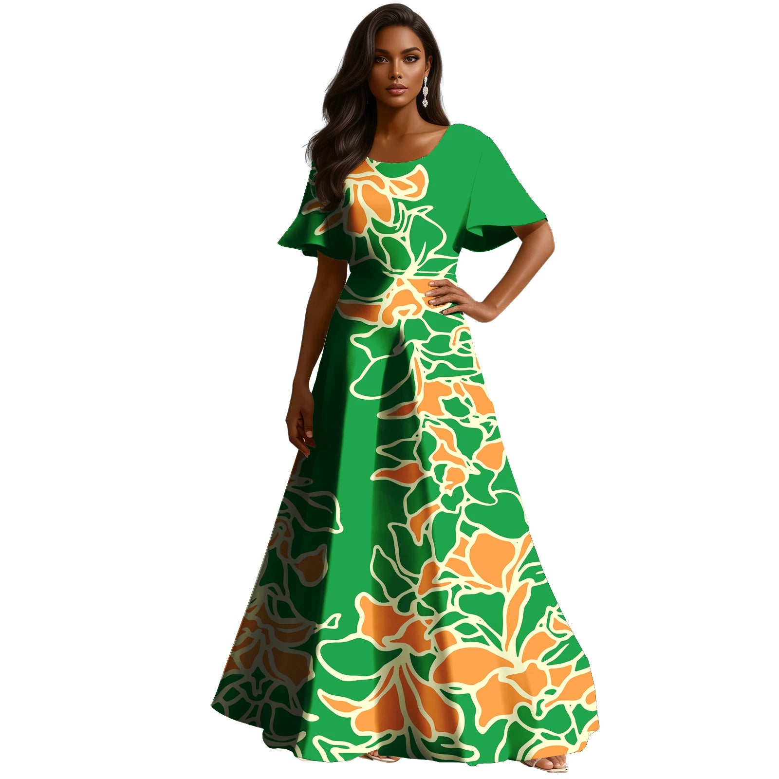 Abito ampio personalizzabile in stile polinesiano con stampa Tapa , a trapezio , lungo fino al pavimento