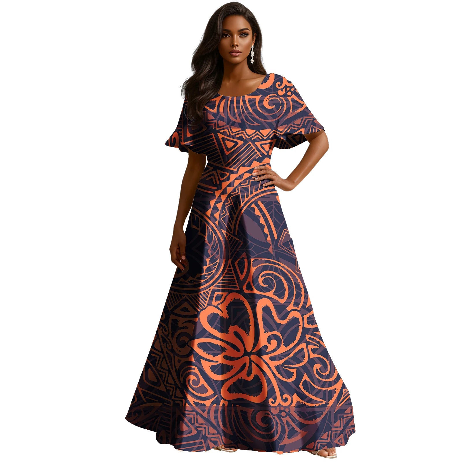 Abito ampio personalizzabile in stile polinesiano con stampa Tapa , a trapezio , lungo fino al pavimento