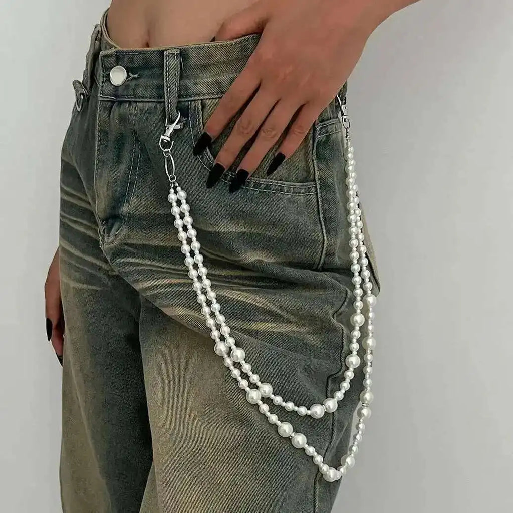 Salircon Hip Hop Multilayer Imitation Pearl Charm Jeans Pants Chain Women Punk Waist Chain Fashion Wallet Chain Belt Jewelry