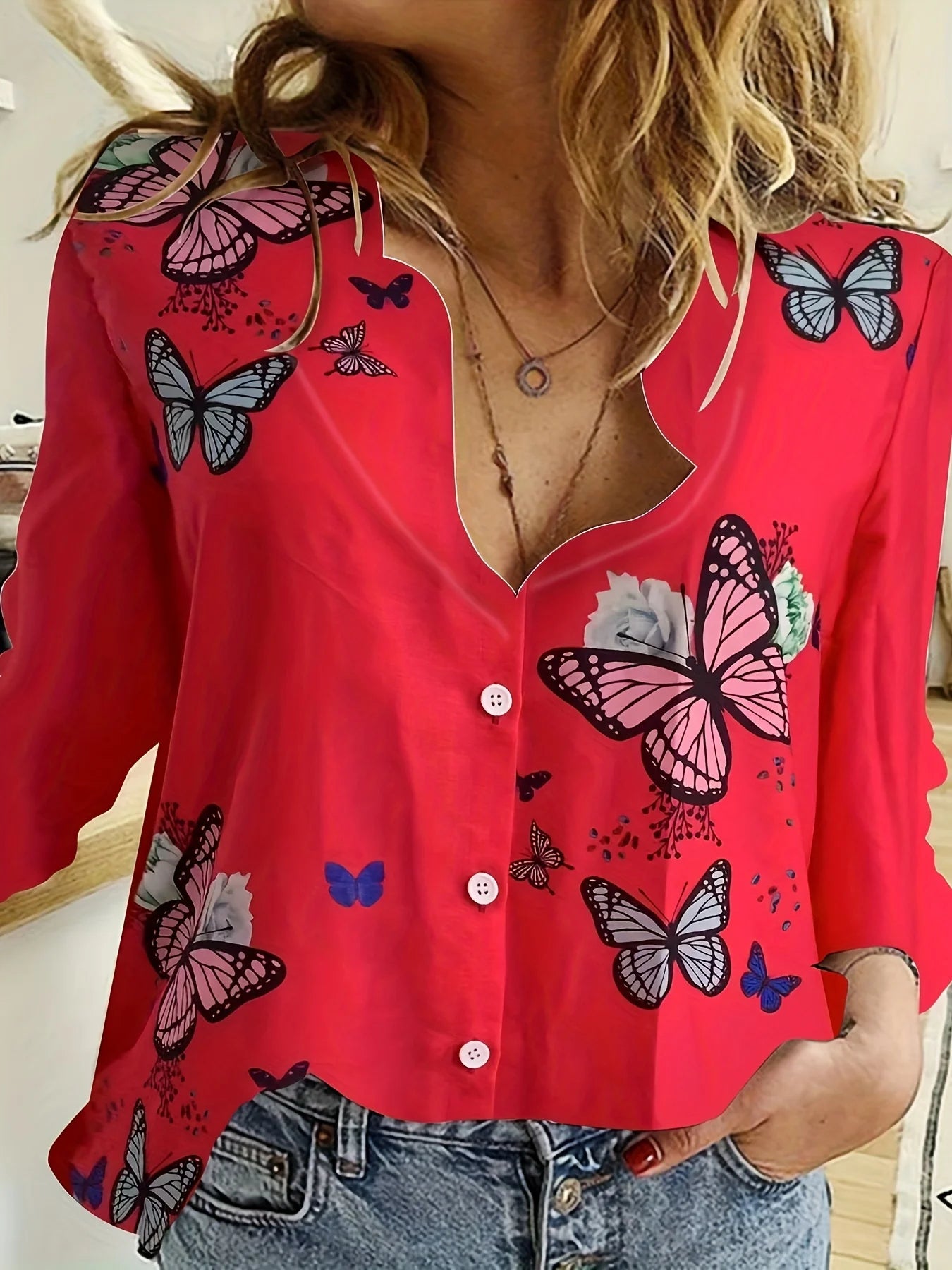 Simple Long-Sleeved Womens Shirts Fall Polo Collar Button Down Shirt Elegant Butterfly Dandelion Oversized Loose Blouse Clothing