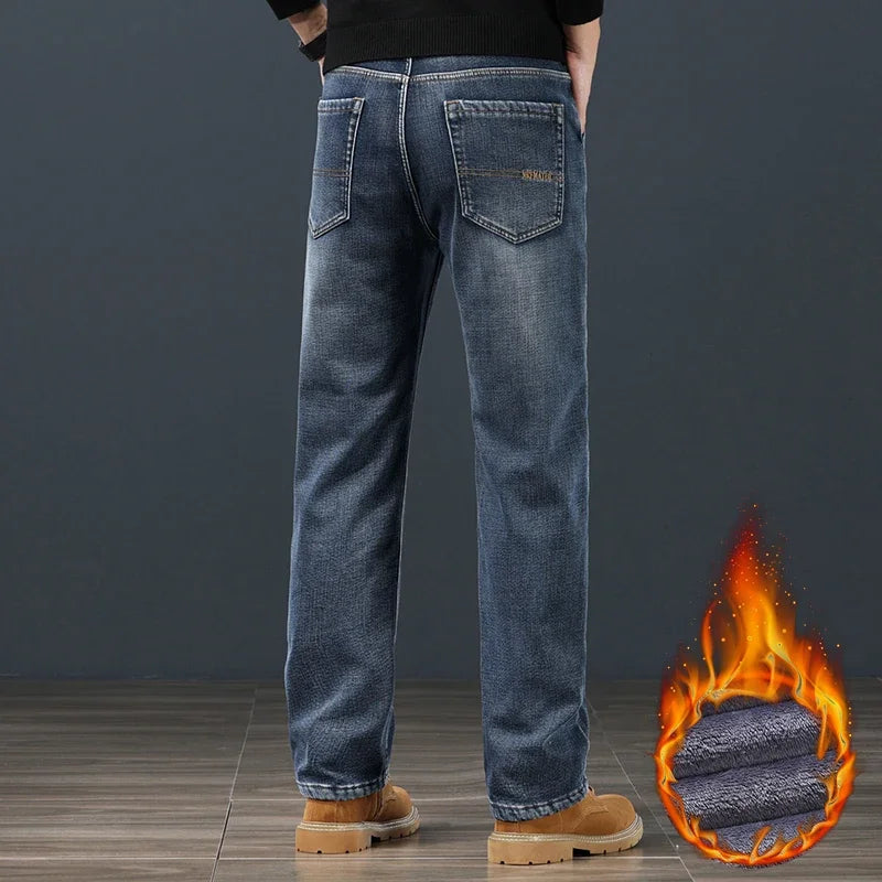 Jeans da uomo caldi in pile , classici larghi dritti in denim felpato