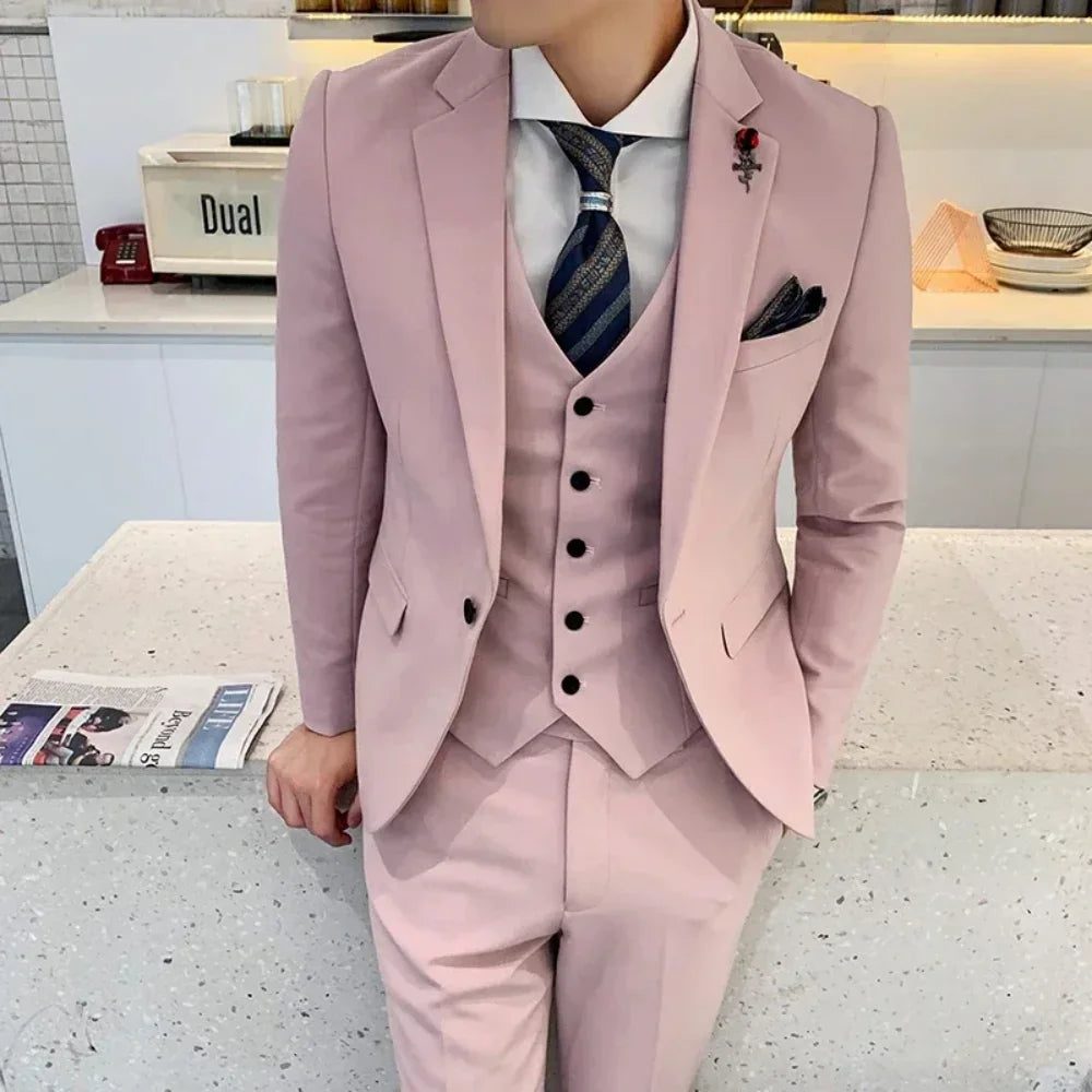 3 Piece Men'S Trend Personality Slim Fit Suits Business Wedding Party Tuxedos Blazer Vest Pants Solid Color Elegant Man Clothes