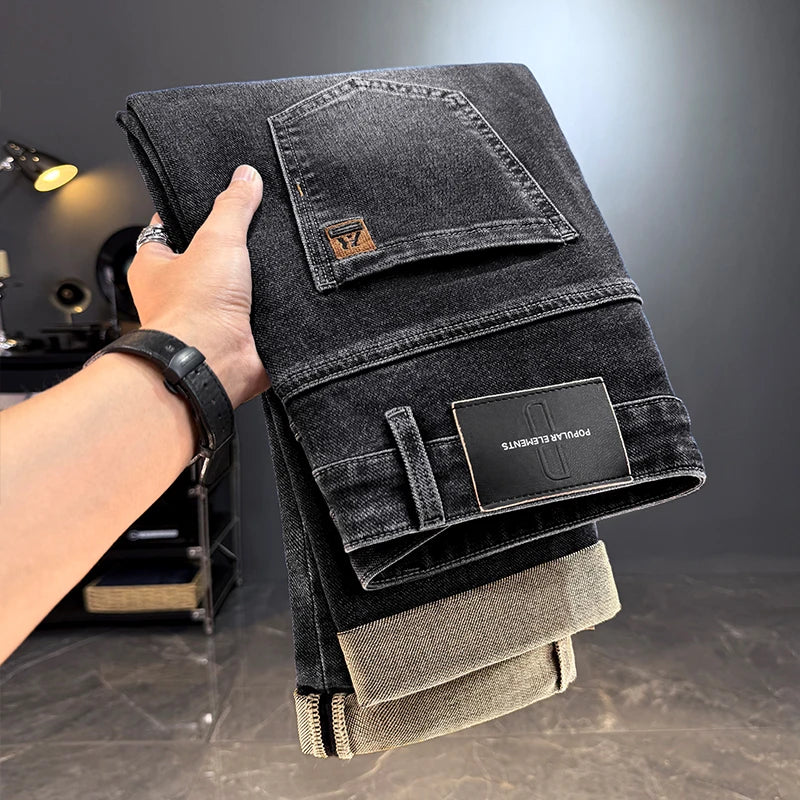 Jeans da uomo , pantaloni lunghi dritti in denim elasticizzato , autunno inverno , Jeans classico