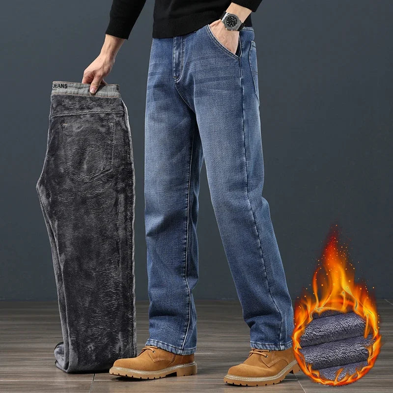 Jeans da uomo caldi in pile , classici larghi dritti in denim felpato