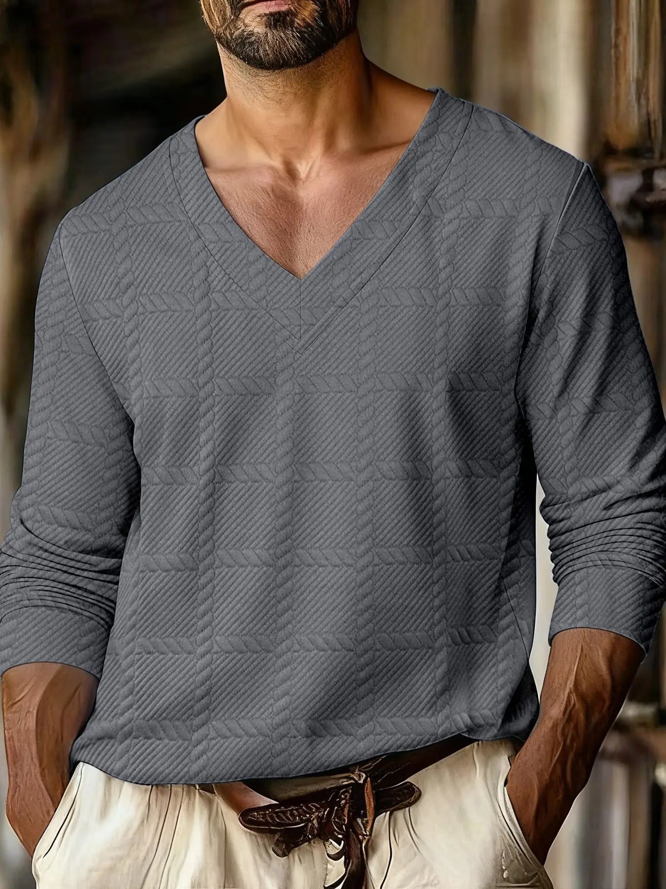 Autumn New Men's Plaid Pattern Jacquard Fabric V-neck Casual Sports Off-shoulder Sleeve Long-sleeved T-shirt