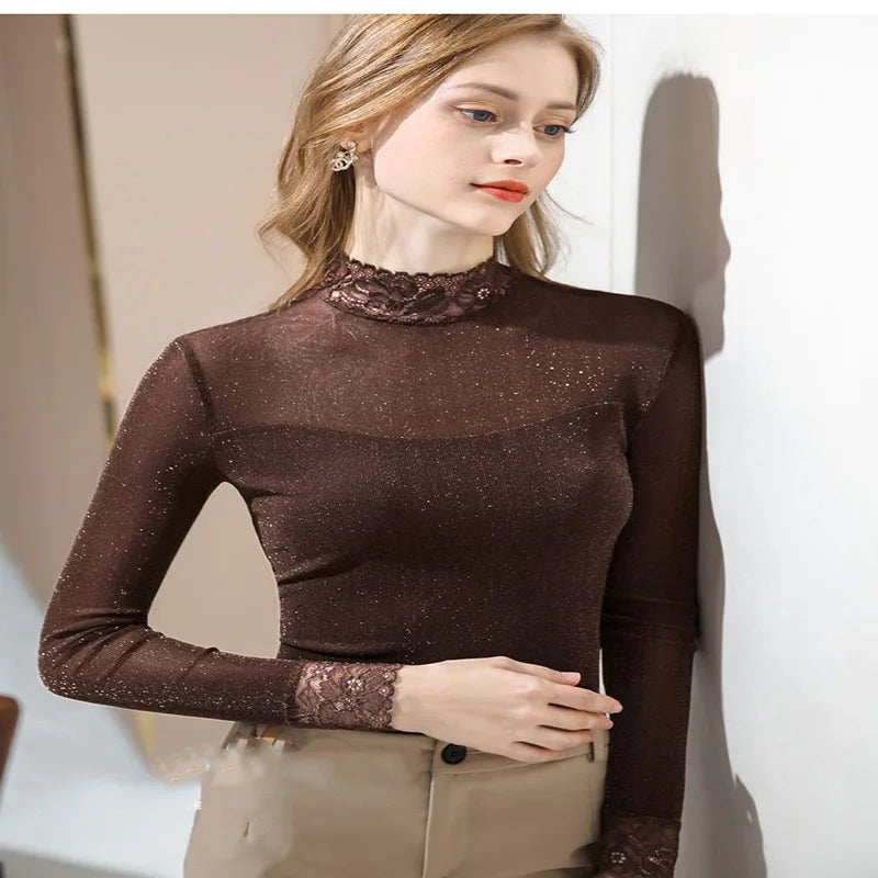 Fashion Gauze Bright silk Spliced Lace Blouses Women's Clothing 2025 Autumn winter Elegant pullovers Office Lady Shirts