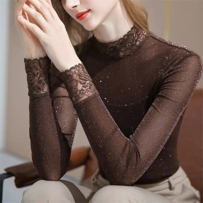 Fashion Gauze Bright silk Spliced Lace Blouses Women's Clothing 2025 Autumn winter Elegant pullovers Office Lady Shirts