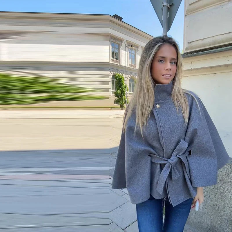 Womens Short Cape Coats For Women Belt Faux Wool Blends Coats Autumn Winter Solid Coats Elegant Cloak Jacket Ladies 2025