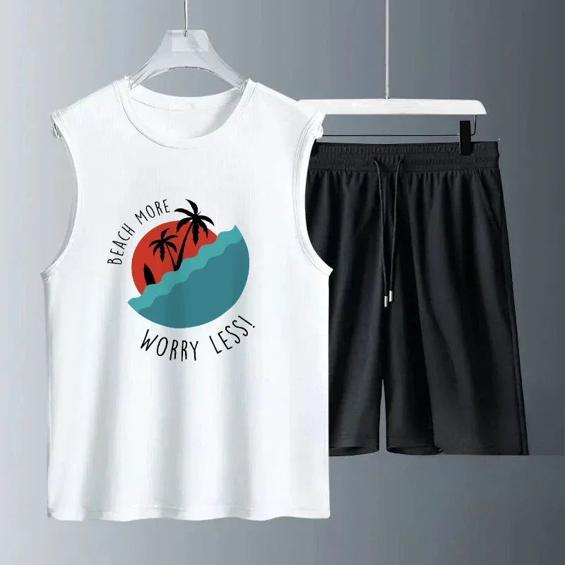 2025 Men Summer Breathable Sleeveless  Half red sun print Set Trendy Casual Wear for Gym Running and Travel luxury men clothing