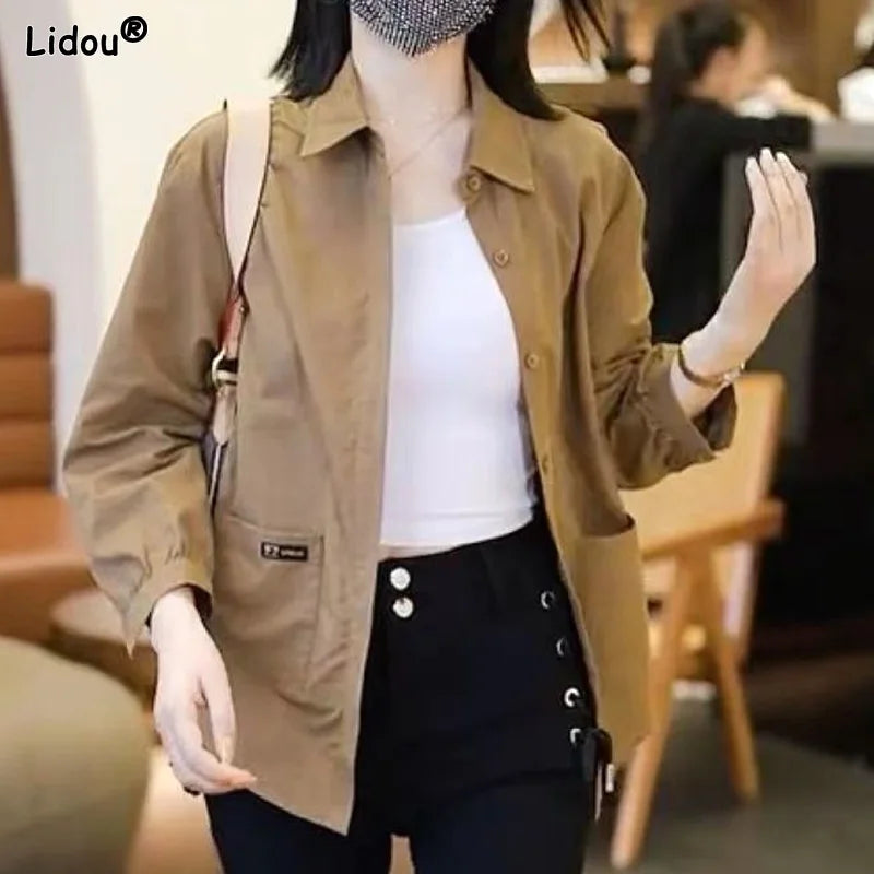 Spring Autumn Simplicity Solid Color Thin Turn-down Collar Cardigan Loose Blouses Pockets Button Coat Casual Women's Clothing