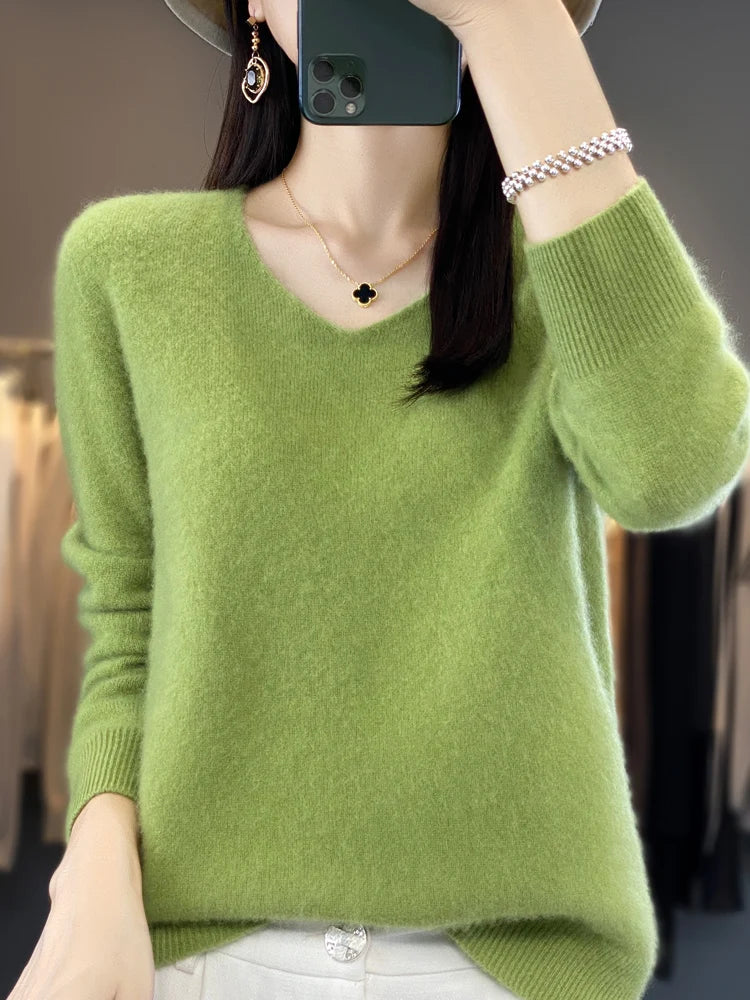 Fashion100% Merino Wool Sweater Cashmere  Pullover Women Knitwear V-Neck Long Sleeve  Autumn Winter Fashion Basic Clothing  Tops