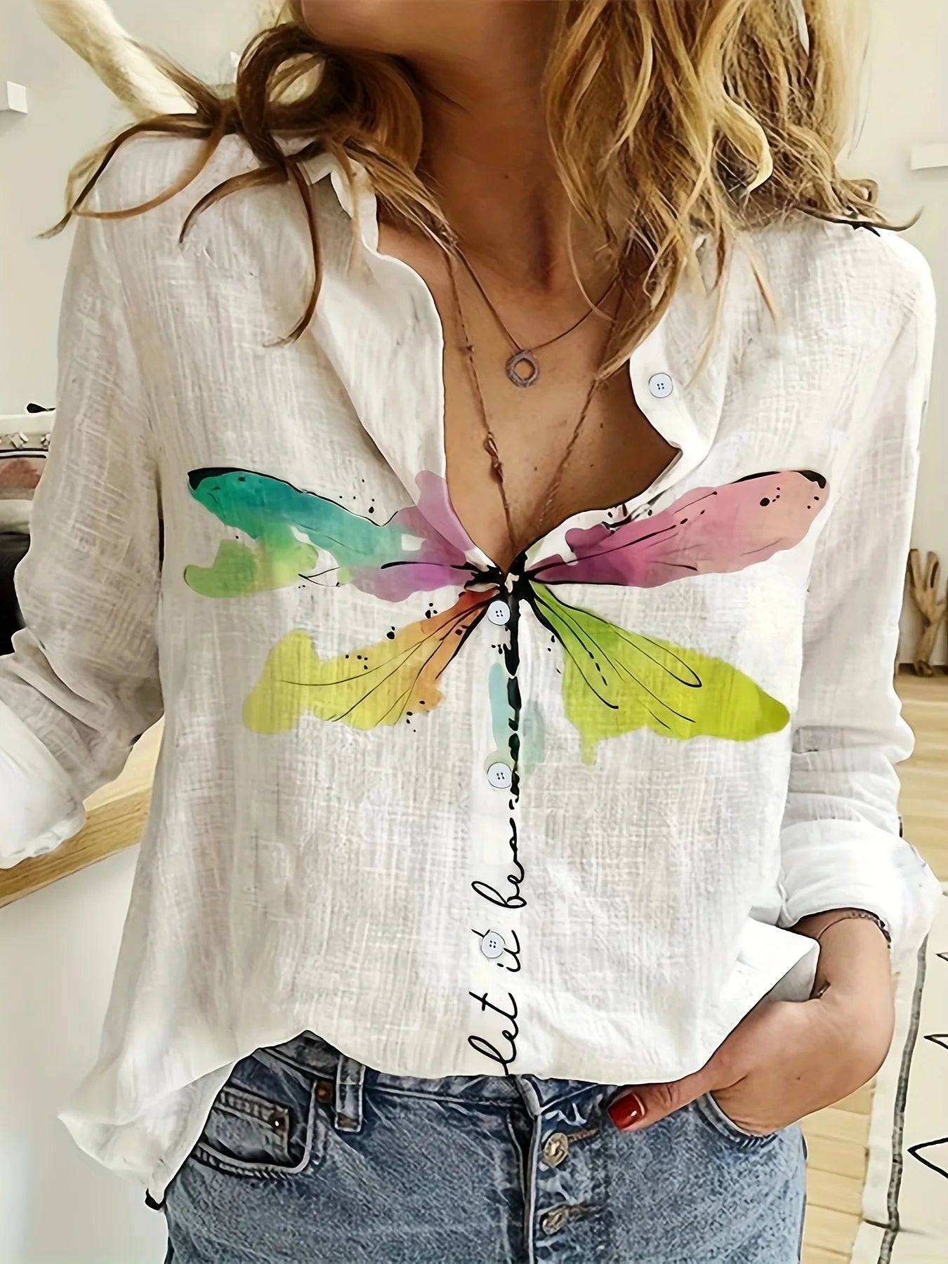 Simple Long-Sleeved Womens Shirts Fall Polo Collar Button Down Shirt Elegant Butterfly Dandelion Oversized Loose Blouse Clothing