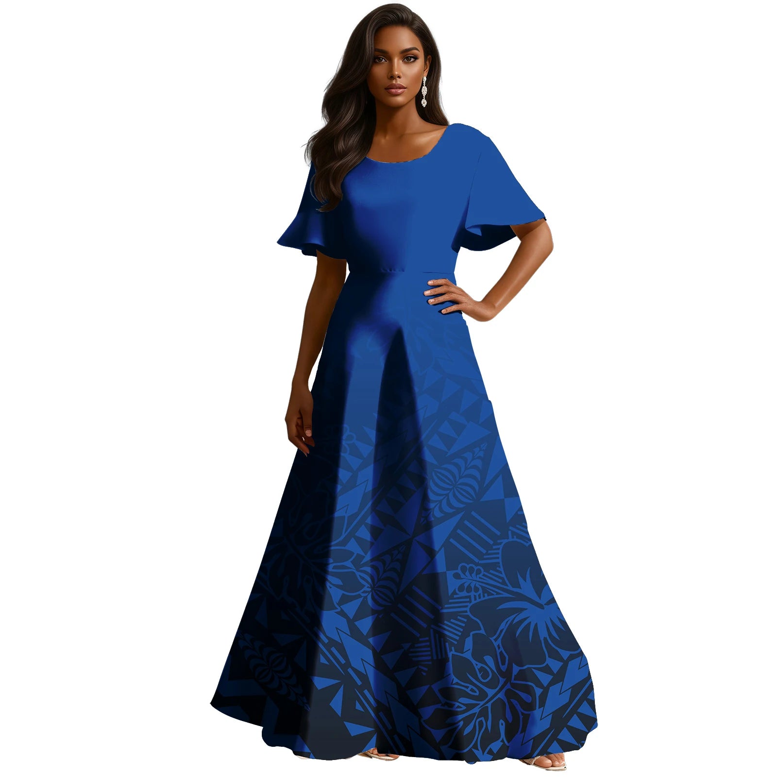 Abito ampio personalizzabile in stile polinesiano con stampa Tapa , a trapezio , lungo fino al pavimento