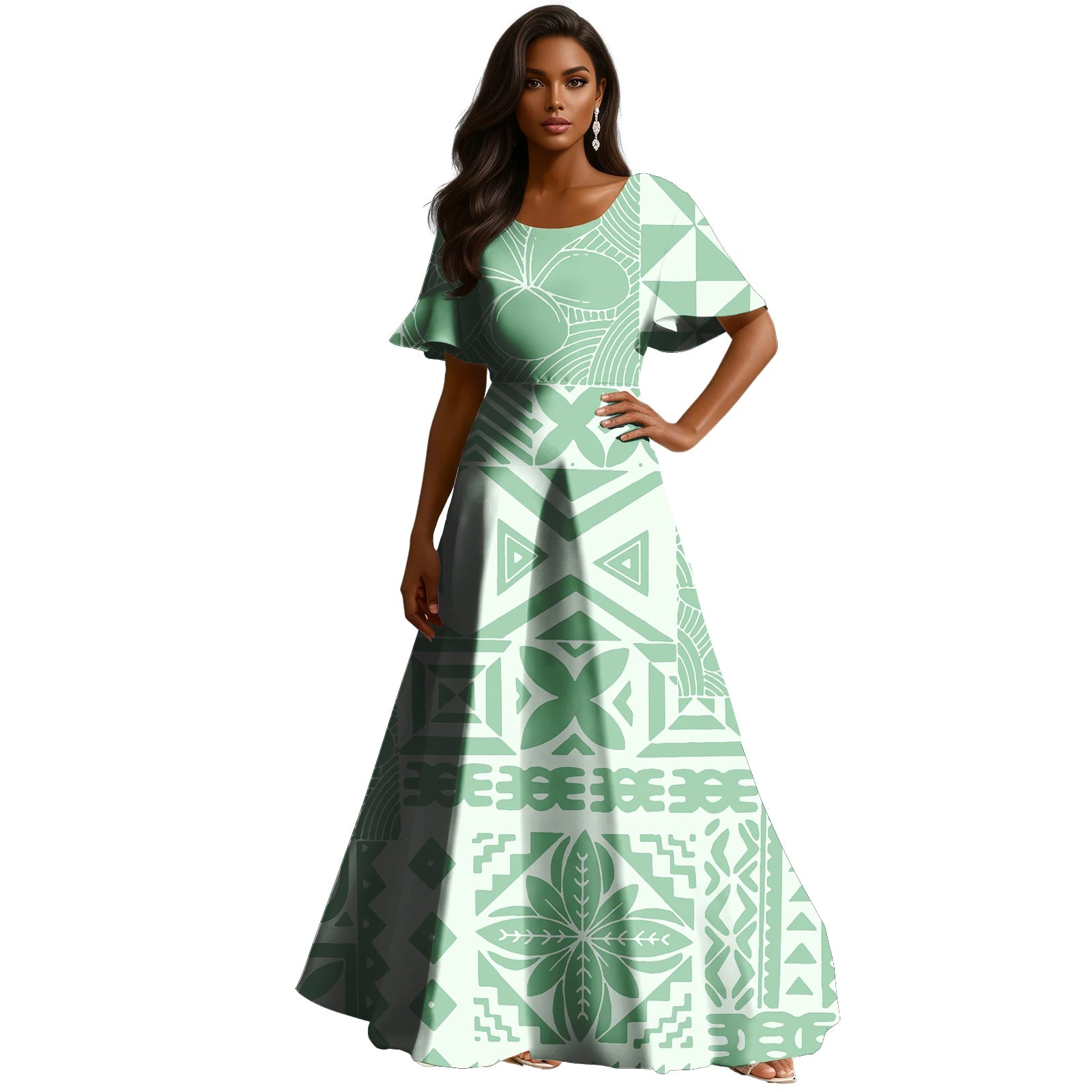 Abito ampio personalizzabile in stile polinesiano con stampa Tapa , a trapezio , lungo fino al pavimento