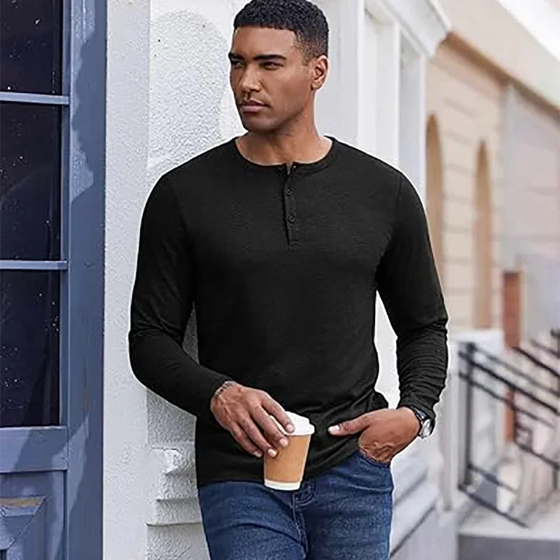 Autumn Men's Long Sleeve Henley Shirts Cotton 3-Button Spring Casual T-Shirts Solid Color Soft Basic Tops Tees