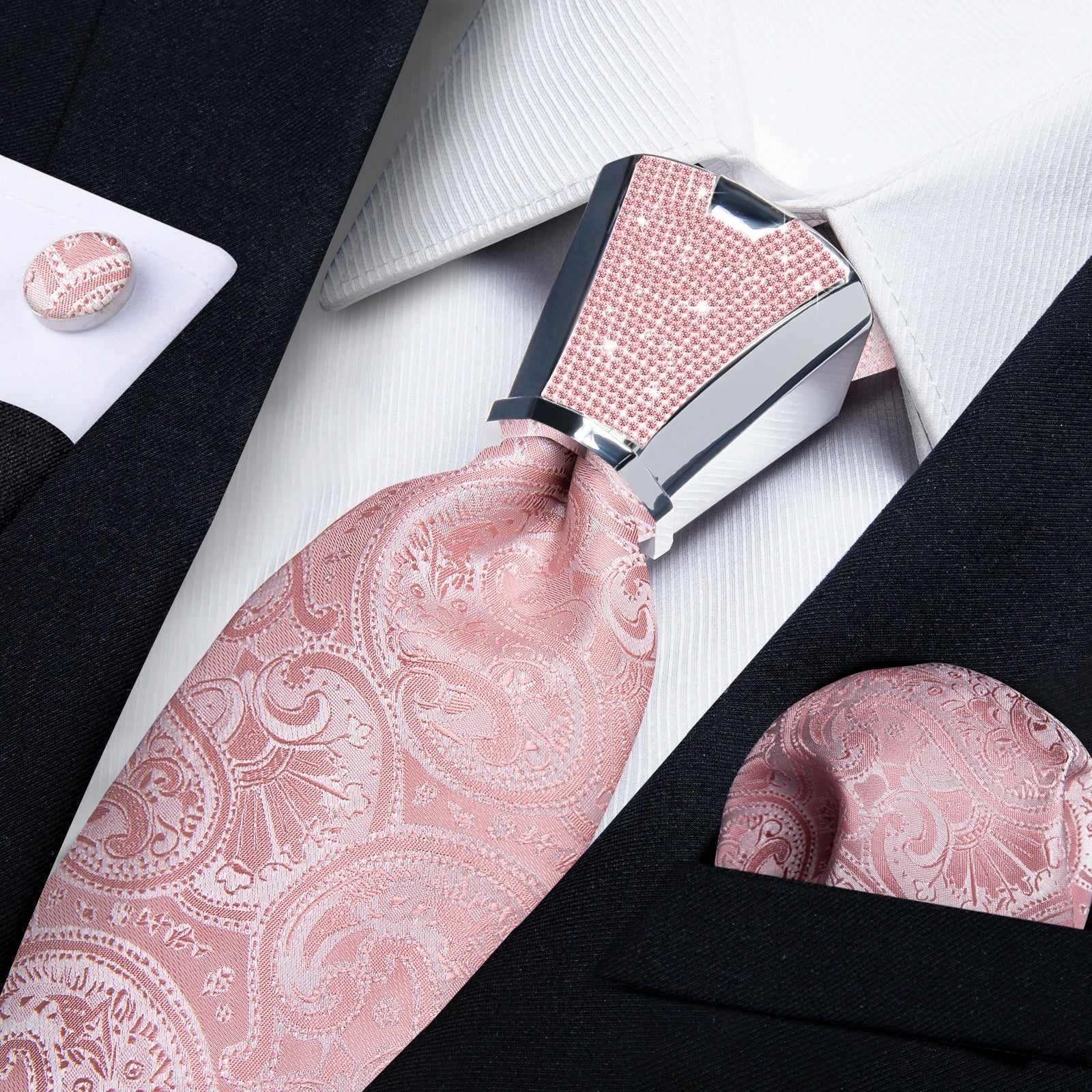 Pink Solid Paisley 8cm Silk Ties for Men with Luxury Plastic Tie Buckle Handkerchief Cufflinks Business Wedding Party Accessory
